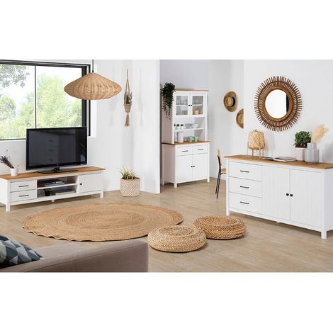 TINA - Pack Meuble TV + Buffet Haut + Buffet Bas 2 Portes en Bois Ciré et Blanc (1/5)