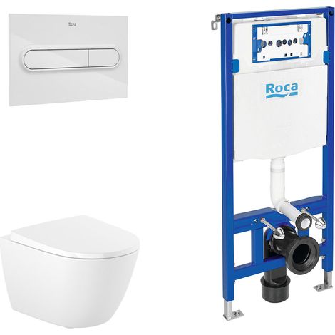 ROCA PACK ONA COMPACTO+DUPLO Inodoro Suspendido Rimless Pulsador Blanco - Asiento: Caida Amortiguada - ref: A346688+A801E22001+A890070020+A890195000 (1/2)