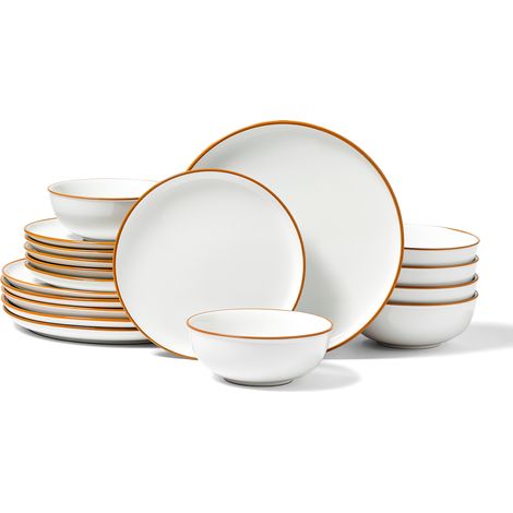 VEVOR Service de table 18 pcs pour 6 personnes, assiettes et bols ronds, vaisselle en ceramique resistante aux rayures, pour lave-vaisselle et micro-ondes, pour desserts, salades, soupes, pates, blanc