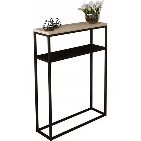 Consola doble 60x20 con estante metálico, recibidor realizado en perfilería Artisan de Roble Negro 15x15 (1/3)