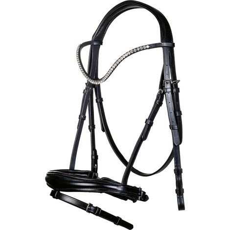 Pony, Schwarz 9100: Kuhfellzaum mit Strasssteinen komplett mit Gurtzügeln Modell Melinda (1/5)