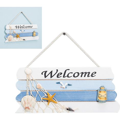 Panneau de bienvenue marin méditerranéen en bois avec étoiles de mer et coquillages pour décoration de porte de bar maison boutique