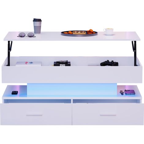 Mesa de centro elevable 100x50x44 cm de aglomerado blanco, LED y almacenaje (1/5)