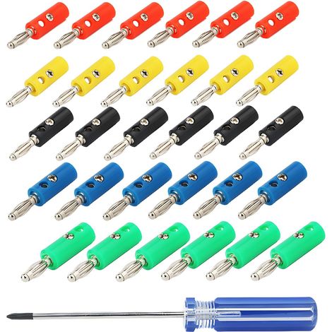 4-mm-Bananenstecker für AV-Receiver, Verstärker, Surround-Sound-Systeme, Bananenstecker-Wanddosen, korrosionsbeständig (6 rote, 6 grüne, 6 blaue, 6 gelbe, 6 schwarze Stecker + Schraubendreher) (1/5)