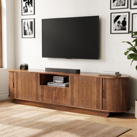 Meuble tv bas 180x40x50 cm – avec portes coulissantes ondulées 3d tiroir et niche ouverte – mdf – noyer (1/5)
