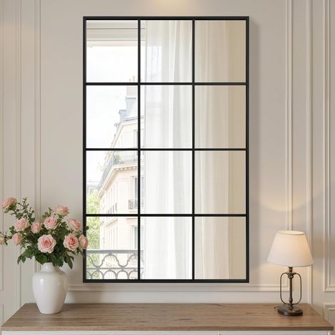 Miroir de jardin, 100 x 75 cm, miroir mural décoratif, miroir de fenêtre avec cadre en aluminium pour couloir, salon, chambre à coucher, entrée, Noir (1/5)