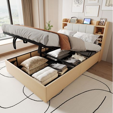 Bett 140x200 cm aus MDF in Naturholzoptik, gepolstertes Kopfteil mit Ablagen, USB Type-C (1/5)