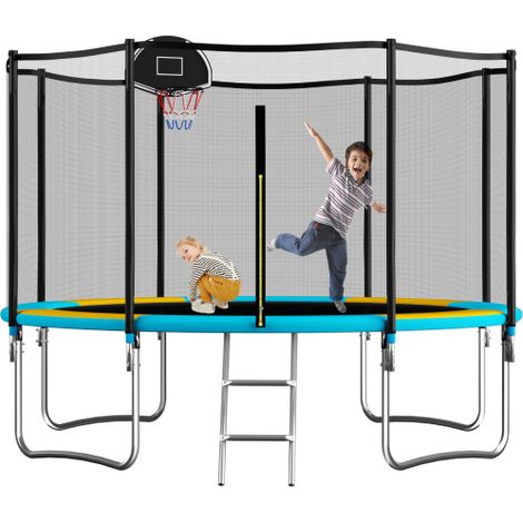 12FT Outdoor Trampoline with Basketball Hoop, Safety Net, Ladder for Kids and Adults, Supports Up to 150kg