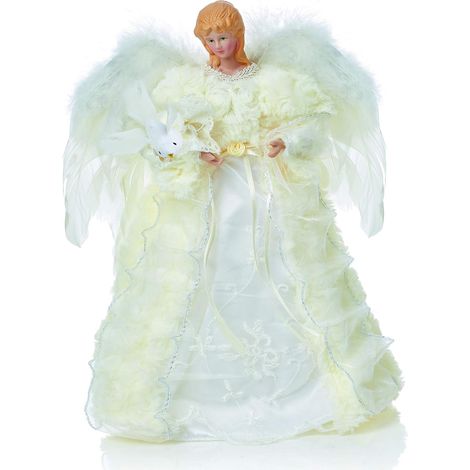 Decorations Ange pour arbre de Noël avec ailes en plumes, robe blanche, manteau en fausse fourrure crème, colombe blanche (1/5)