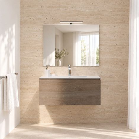 Meuble De Salle De Bain Suspendu Chêne 90 Cm Avec Tiroir, Lavabo, Miroir Et Lampe Berlin (1/5)