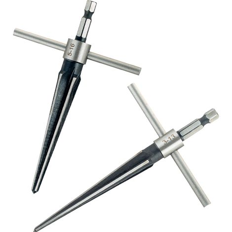 Jeu de 5 alésoirs coniques à main (3-13 mm et 5-16 mm) pour trous de chevilles de chevalet. Poignée en T détachable. Idéal pour la découpe de tuyaux en bois, plastique et PVC sur guitares. (1/5)