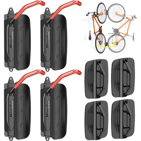 Support mural pivotant pour vélo, vertical, pour garage, VTT et vélo de course (crochet rouge, 4 pièce) (1/5)