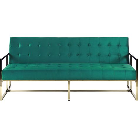 Sofá cama tapicería capitoné de terciopelo verde 3 plazas marco de metal dorado con apoyabrazos estilo retro Marstal