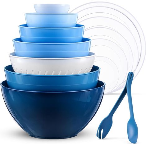 Lot de 6 Bol Mélangeur avec Couvercle 0,2-6,5L, Grand Saladier Plastique avec Passoire Fourchette et Cuillère Sans BPA Reutilisable Bol Cuisine Empilable Passent Micro-ondes et Lave-vaisselle (1/5)