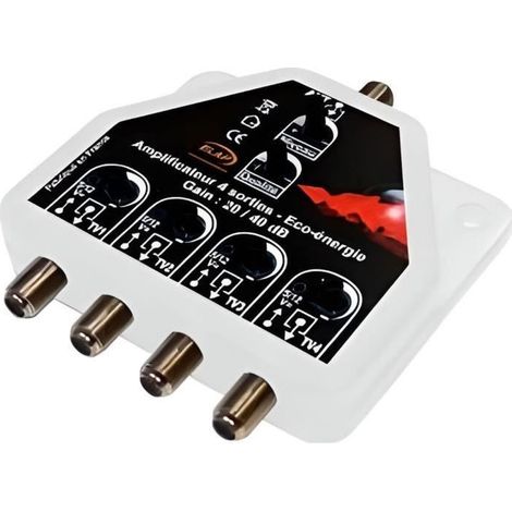 Répartiteur / Amplificateur 4 TV TNT UHF 470 / 790 MHz réglable - Gain : 33 dB - auto-alimenté