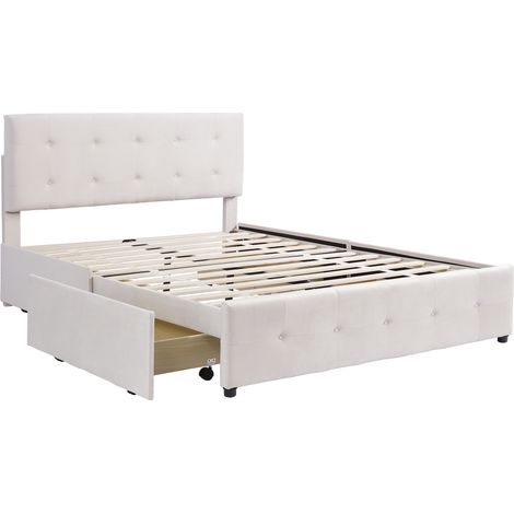 Lit double 140 x 200 cm avec tiroirs, sommier à lattes et tête de lit, tissu doux beige HOMVRA (1/5)