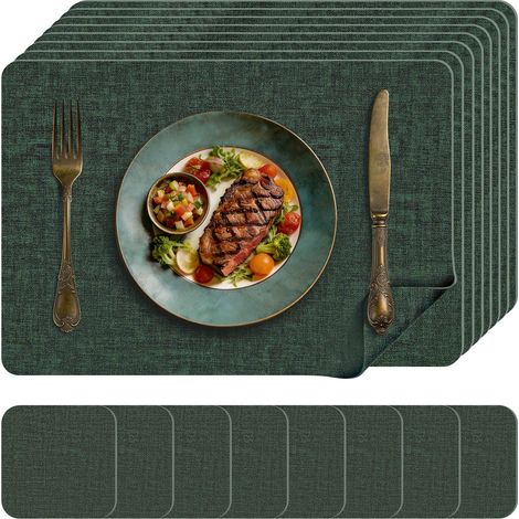 Sets de Table lavables, Dessous de Table Lot de 8 et Dessous de Verre en Similicuir pour la Cuisine, la Salle à Manger et Le Bureau, Vert, 43 x 30 cm (1/5)