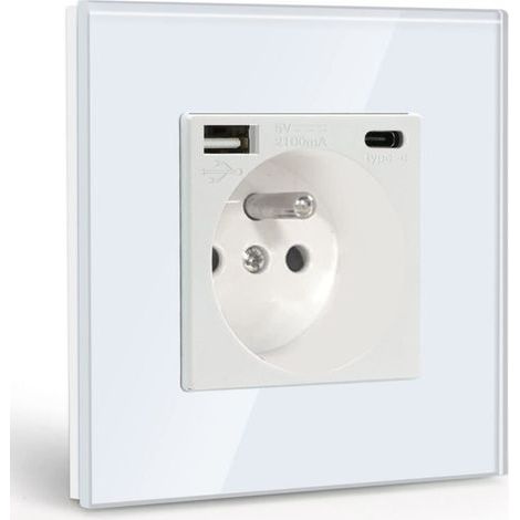 Prise murale avec USB et Type C – Charge rapide 2,1 A – Panneau en verre trempé – Protection contre les surtensions – Installation facile (1/5)