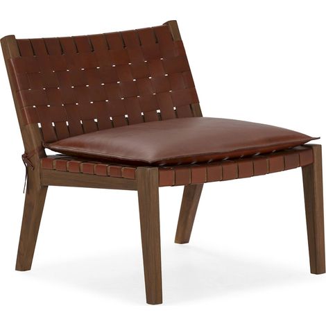 Fauteuil teck et cuir naturel assise confortable brun - Marron cuir naturel et bois foncé (1/4)