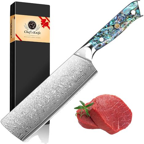 Cuchillo de chef, hoja de acero de Damasco, versátil para carne y verduras, cuchillo Nakiri (1/2)