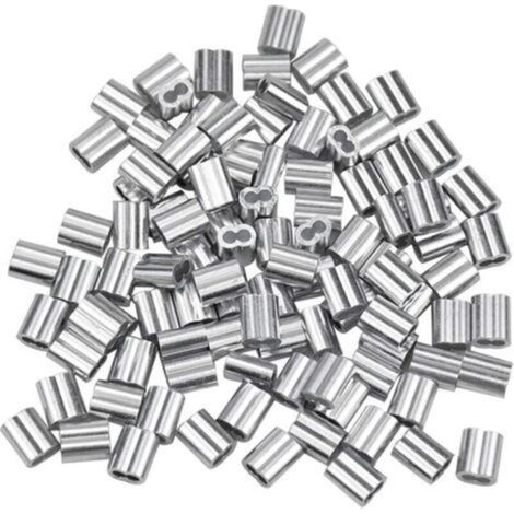 100 manchons en aluminium, embouts de câble en aluminium, pinces à sertir en aluminium à double extrémité pour fils d'acier et câbles d'aviation, argent (1,5 mm/0,06 po)