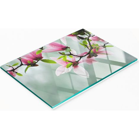 Tabla de cortar decorativa de cristal para cocina con dise帽o de magnolias, 80 x 52 cm.