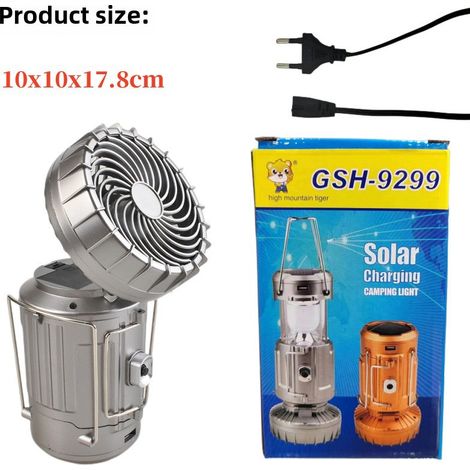 Neue multifunktionale COB-Solar-Campinglampe mit Lüfter, Sonnenaufladung und Notbeleuchtung (kleine Campinglampe, silberfarben, europäischer Standard)