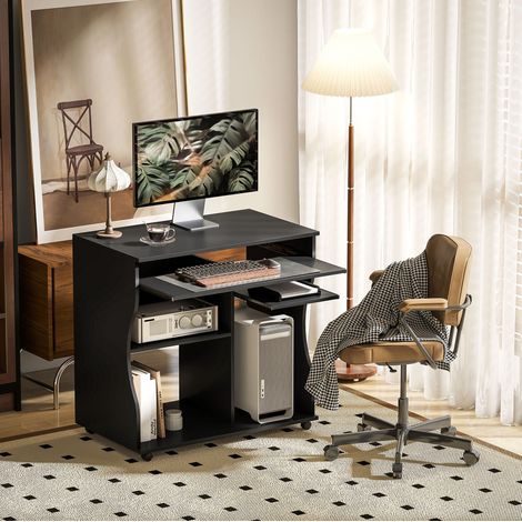 Table informatique en bois noir 80 x 48 x 75 cm avec roulettes et tablette clavier (1/5)