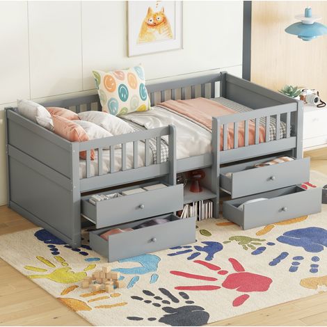 Halbhohes Bett 90x200 cm Grau aus Kiefernholz und MDF mit 4 Schubladen, Leiter und Sicherheitsgitter (1/5)