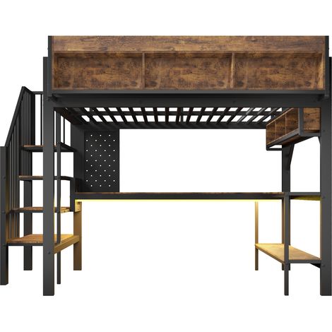Hochbett 140 x 200 cm mit Eckschreibtisch, Stauraum, LED, USB-C, Schwarz und Vintage-Holz (1/5)