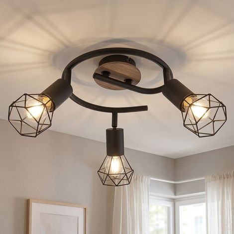 Plafoniera faretto Rondell legno soggiorno lampada industriale Rondell plafoniera 3 fiamme da regolare, griglia metallica nera, 3x prese E14, DxH 23x21,5 cm (1/5)