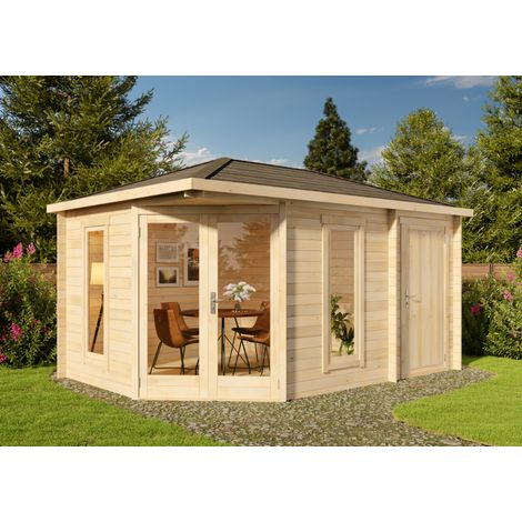 Alpholz 5-Eck Gartenhaus Liwa Compact mit Anbau Gartenhaus aus Holz, Holzhaus mit 28 mm Wandstärke, Blockbohlenhaus mit Montagematerial (1/4)