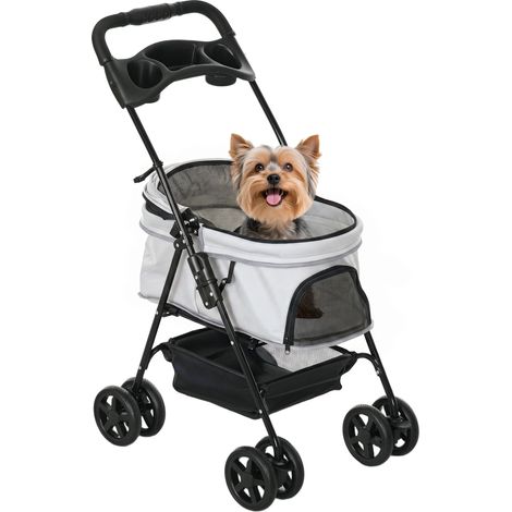 Panier pour petit chien à 4 roues, frein, panier, capote, harnais de sécurité et fenêtres, 67 x 45 x 96 cm, gris clair (1/5)
