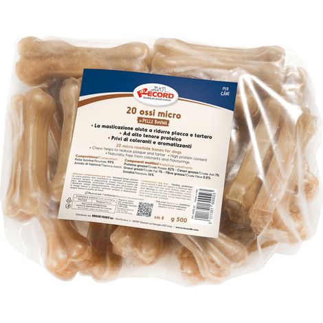 20 ossa micro termoretratte in pelle bovina da masticare per cani