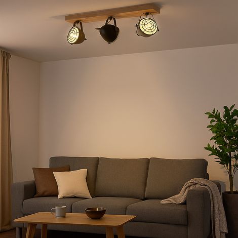 Lampada da soffitto, nera, lampada da soggiorno, faretto da soffitto per casa di campagna, 3 fiamme, lampada in legno, barra faretto orientabile, metallo opaco, 3x E14, LxPxA 59x11x20,5 cm (1/5)
