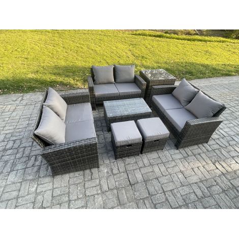 Fimous 7pc Ensemble de meubles de jardin en rotin ave Table d'appoint 2 Petit Tabouret Canapé deux places Gris foncé (1/5)