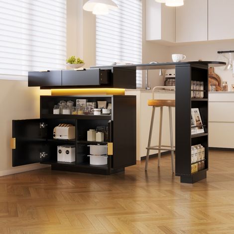 Îlot de cuisine extensible 115-183x40x99cm avec LED, plateau rotatif, rangement, table bar MDF noir (1/5)