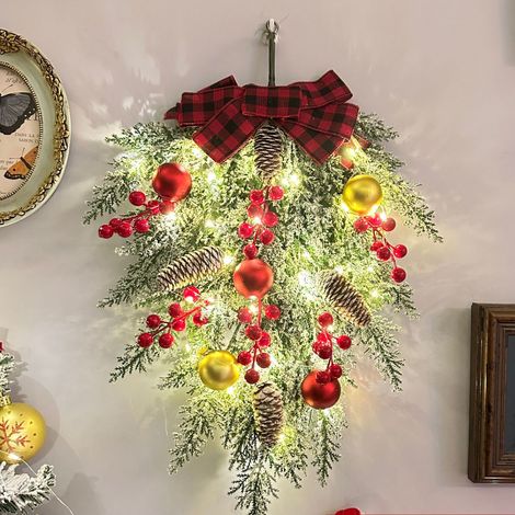 Grande couronne de Noël avec nœud, idéale pour les décorations de Noël intérieures et extérieures – 54 x 38 cm (avec lumières)