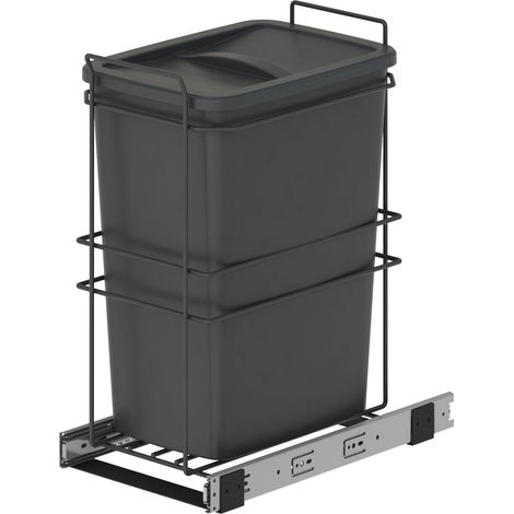 Emuca – Poubelle tri sélectif 35L – Fixation par le bas – Extraction manuelle – Acier et plastique gris anthracite – Guides à billes pour accès facile
