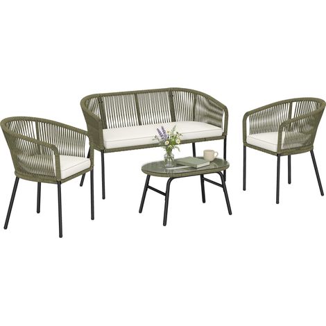 Salon de jardin extérieur, canapé 4 places, 2 fauteuils 2 places et table, verre trempé, polypropylène, tresse ronde, couleur crème