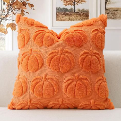 JSSEVN - Set of 2 Halloween Soft Plush Short Wool Velvet Cushion Covers Autumn Decoration Luxury Cushion Covers Orange - Pumpkin 45 x 45 cm (1/5)