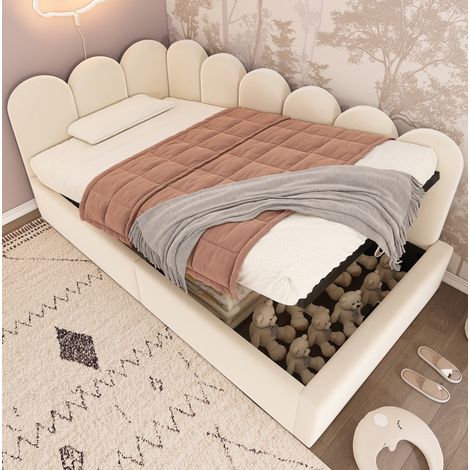 Tagesbett 90/200 cm beige aus Samt mit hydraulischem Stauraum (1/5)