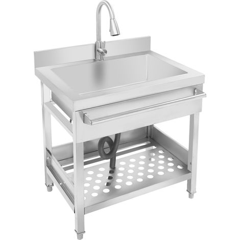 Évier sur pied en acier inoxydable de 78 x 56 cm, destiné aux cuisines professionnelles, équipé d'un robinet coulissant, adapté aux lavages intensifs dans les buanderies et les garages (1/5)