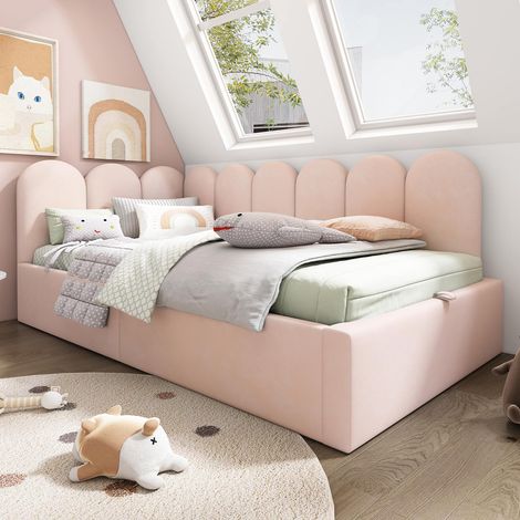 Lit simple 90x190 cm en velours rose avec coffre hydraulique et sommier métallique, sans matelas (1/5)