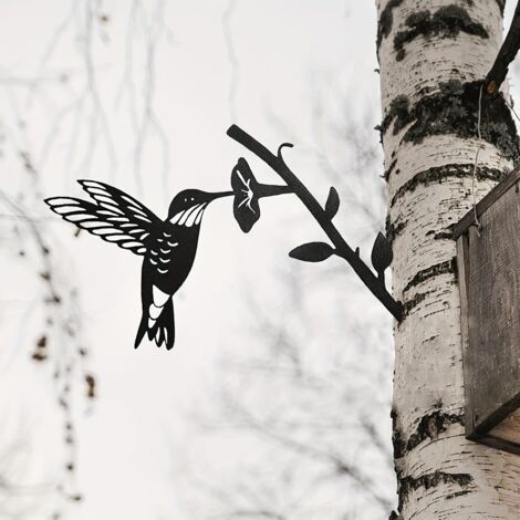BUNTHAUS Metall-Vogelständer – schwarze schmiedeeiserne Vogelvögel auf Ast, Kolibri-Wandkunst-Dekor für Zuhause, Garten, Hof, Außenterrasse (1/5)