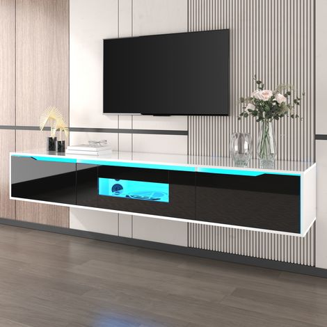 Vitrine & meuble TV 180×30×35 cm – noir + blanc laqué, LED 16 couleurs (1/5)