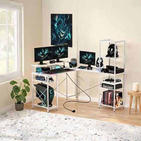Bureau d'angle en bois blanc avec étagères et station de charge (1/5)