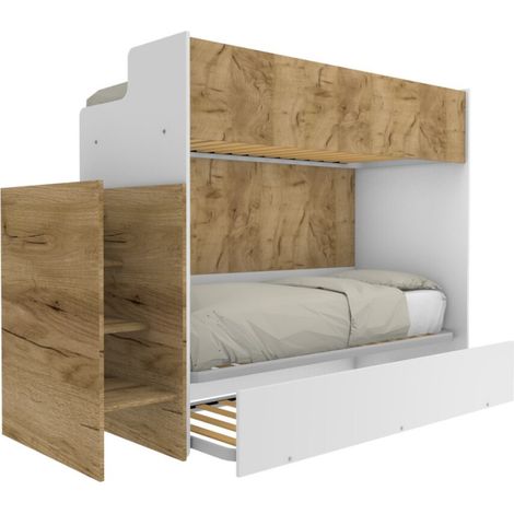 Letto a castello minimalista con terzo letto estraibile - Bianco e Quercia