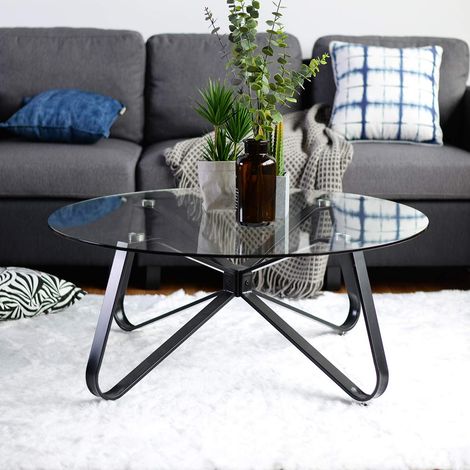 Table Basse Ronde avec Cadre en métal Table en Verre Table de Chevet en Verre Transparent Salon Chambre café canapé Table 80x80x39,5cm (1/5)