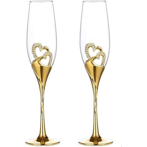 Verres à vin JeiibrZui - Romance - 25 cm - Coffret de 2 - Doré : Verres à vin créatifs en forme de cœur - Émail cristal effet diamant - Idéal comme cadeau de mariage et pour la décoration intérieure (1/5)
